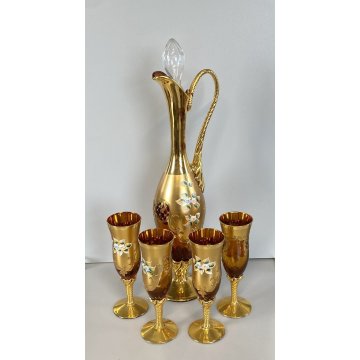 BOTTIGLIA DECANTER 4 FLUTE VETRO MURANO SOFFIATO ORO ZECCHINO DECORO FLOREALE 50