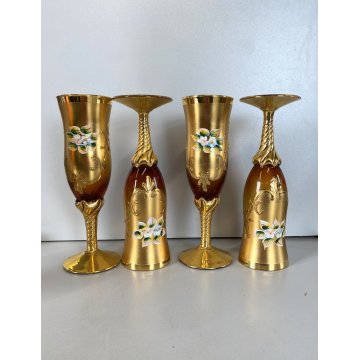 BOTTIGLIA DECANTER 4 FLUTE VETRO MURANO SOFFIATO ORO ZECCHINO DECORO FLOREALE 50