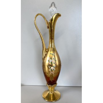 BOTTIGLIA DECANTER 4 FLUTE VETRO MURANO SOFFIATO ORO ZECCHINO DECORO FLOREALE 50