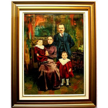 ANTICO DIPINTO OLIO SU TELA Edmondo Poletti RITRATTO DI FAMIGLIA NOBILE 1956
