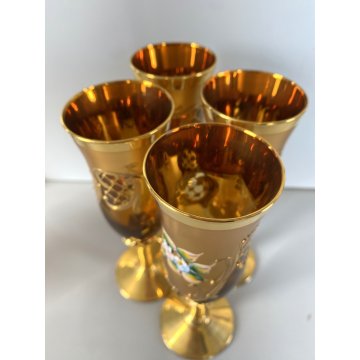 BOTTIGLIA DECANTER 4 FLUTE VETRO MURANO SOFFIATO ORO ZECCHINO DECORO FLOREALE 50
