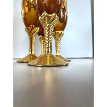 BOTTIGLIA DECANTER 4 FLUTE VETRO MURANO SOFFIATO ORO ZECCHINO DECORO FLOREALE 50