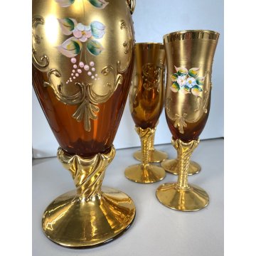 BOTTIGLIA DECANTER 4 FLUTE VETRO MURANO SOFFIATO ORO ZECCHINO DECORO FLOREALE 50