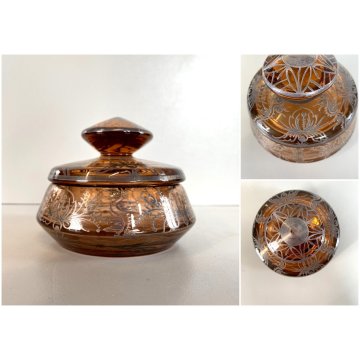 ANTICO PORTA BON-BON CRISTALLO BOEMIA FUME DECORO ARGENTATO FLOREALE ø11,5cm '30