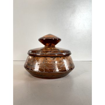 ANTICO PORTA BON-BON CRISTALLO BOEMIA FUME DECORO ARGENTATO FLOREALE ø11,5cm '30
