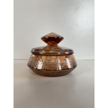 ANTICO PORTA BON-BON CRISTALLO BOEMIA FUME DECORO ARGENTATO FLOREALE ø11,5cm '30