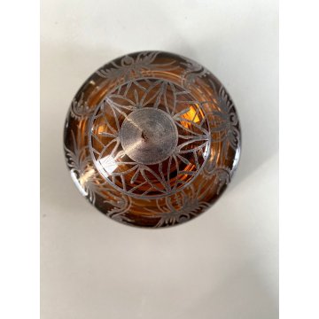 ANTICO PORTA BON-BON CRISTALLO BOEMIA FUME DECORO ARGENTATO FLOREALE ø11,5cm '30