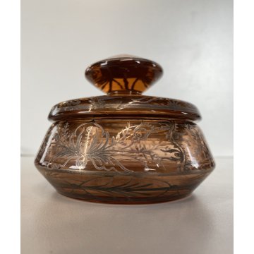 ANTICO PORTA BON-BON CRISTALLO BOEMIA FUME DECORO ARGENTATO FLOREALE ø11,5cm '30