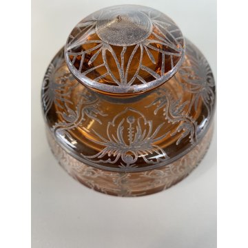 ANTICO PORTA BON-BON CRISTALLO BOEMIA FUME DECORO ARGENTATO FLOREALE ø11,5cm '30