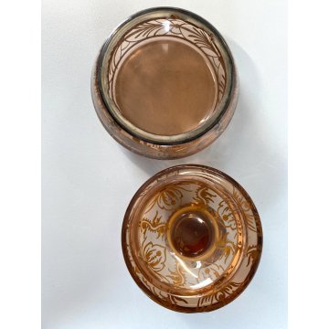 ANTICO PORTA BON-BON CRISTALLO BOEMIA FUME DECORO ARGENTATO FLOREALE ø11,5cm '30