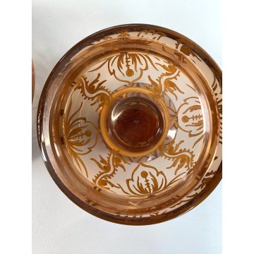 ANTICO PORTA BON-BON CRISTALLO BOEMIA FUME DECORO ARGENTATO FLOREALE ø11,5cm '30