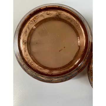 ANTICO PORTA BON-BON CRISTALLO BOEMIA FUME DECORO ARGENTATO FLOREALE ø11,5cm '30