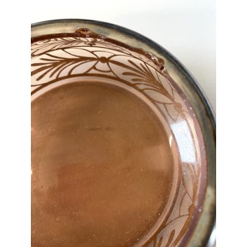 ANTICO PORTA BON-BON CRISTALLO BOEMIA FUME DECORO ARGENTATO FLOREALE ø11,5cm '30