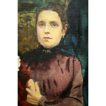 ANTICO DIPINTO OLIO SU TELA Edmondo Poletti RITRATTO DI FAMIGLIA NOBILE 1956