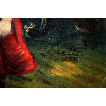 ANTICO DIPINTO OLIO SU TELA Edmondo Poletti RITRATTO DI FAMIGLIA NOBILE 1956