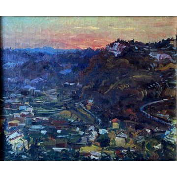 DIPINTO OLIO Carlo Monti VEDUTA  PAESAGGIO RURALE COLLINA ARONA LAGO MAGGIORE