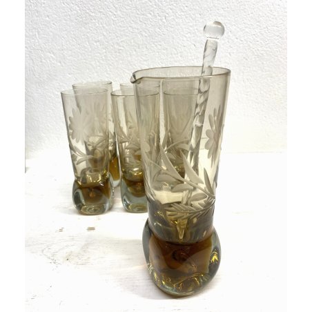 CARAFFA 6 BICCHIERI LONG DRINK  VETRO MOLATO AMBRA/BROWN CLEAR GLASS ART DECO'