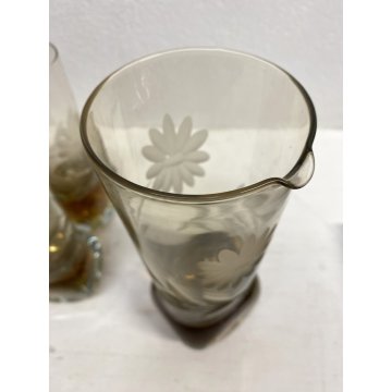 CARAFFA 6 BICCHIERI LONG DRINK  VETRO MOLATO AMBRA/BROWN CLEAR GLASS ART DECO'