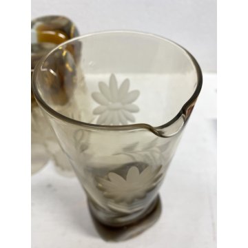 CARAFFA 6 BICCHIERI LONG DRINK  VETRO MOLATO AMBRA/BROWN CLEAR GLASS ART DECO'