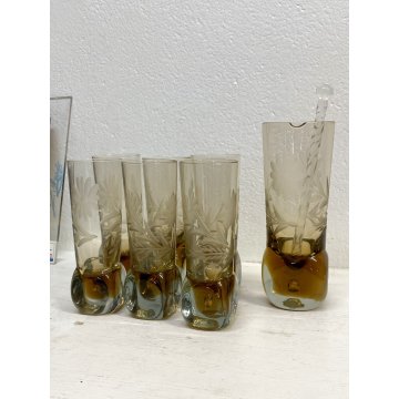 CARAFFA 6 BICCHIERI LONG DRINK  VETRO MOLATO AMBRA/BROWN CLEAR GLASS ART DECO'