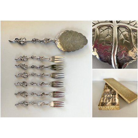 POSATE PASTICCERIA ART NOUVEAU 1 PALETTA DOLCE 6 FORCHETTE Zilfa SILVERPLATED NL