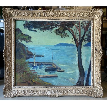 DIPINTO OLIO Carlo Monti VEDUTA  PAESAGGIO MARINO LACUSTRE PORTO LAGO MAGGIORE