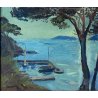 DIPINTO OLIO Carlo Monti VEDUTA  PAESAGGIO MARINO LACUSTRE PORTO LAGO MAGGIORE