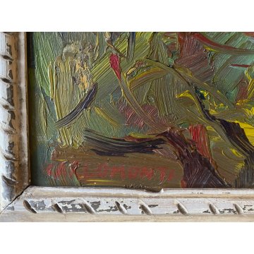 DIPINTO OLIO Carlo Monti VEDUTA  PAESAGGIO MARINO LACUSTRE PORTO LAGO MAGGIORE