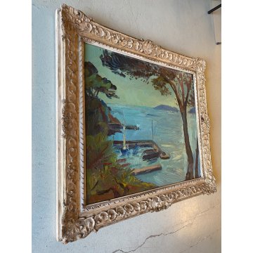 DIPINTO OLIO Carlo Monti VEDUTA  PAESAGGIO MARINO LACUSTRE PORTO LAGO MAGGIORE