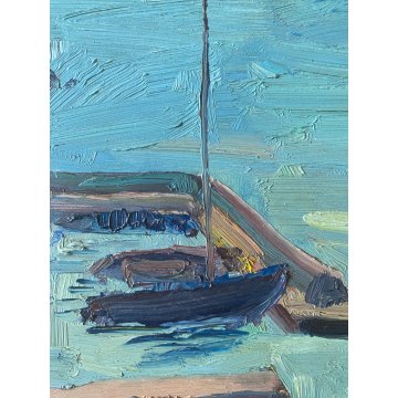 DIPINTO OLIO Carlo Monti VEDUTA  PAESAGGIO MARINO LACUSTRE PORTO LAGO MAGGIORE
