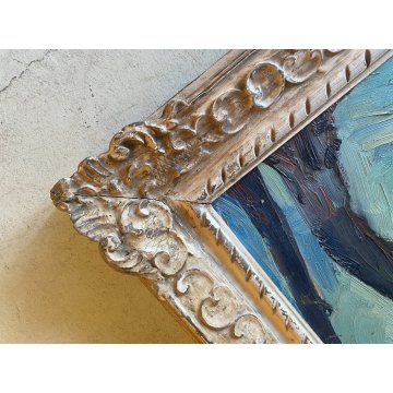 DIPINTO OLIO Carlo Monti VEDUTA  PAESAGGIO MARINO LACUSTRE PORTO LAGO MAGGIORE