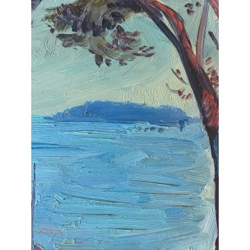DIPINTO OLIO Carlo Monti VEDUTA  PAESAGGIO MARINO LACUSTRE PORTO LAGO MAGGIORE