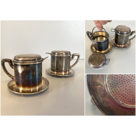 ANTICA COPPIA TAZZA TISANIERA FILTRO METALLO ARGENTATO Broggi ITALY ART DECO '30