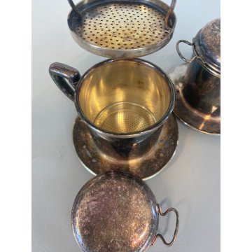 ANTICA COPPIA TAZZA TISANIERA FILTRO METALLO ARGENTATO Broggi ITALY ART DECO '30