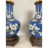 COPPIA VASO CINESE BRONZO CLOISONNE SMALTO POLICROMO DECORO FLOREALE BLU 24 cm/h