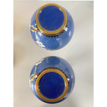 COPPIA VASO CINESE BRONZO CLOISONNE SMALTO POLICROMO DECORO FLOREALE BLU 24 cm/h