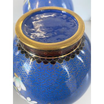 COPPIA VASO CINESE BRONZO CLOISONNE SMALTO POLICROMO DECORO FLOREALE BLU 24 cm/h
