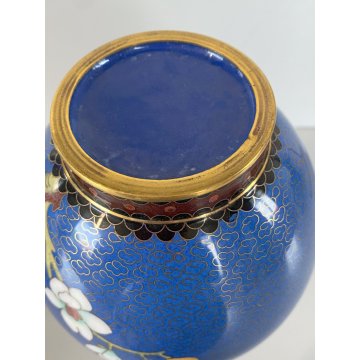 COPPIA VASO CINESE BRONZO CLOISONNE SMALTO POLICROMO DECORO FLOREALE BLU 24 cm/h