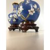 COPPIA VASO CINESE BRONZO CLOISONNE SMALTO POLICROMO DECORO FLOREALE BLU 24 cm/h