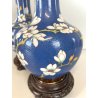 COPPIA VASO CINESE BRONZO CLOISONNE SMALTO POLICROMO DECORO FLOREALE BLU 24 cm/h