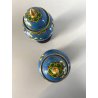 COPPIA VASO CLOISONNE CINESE BRONZO SMALTO DECORO FLOREALE BLU BASE LEGNO 16cm/h