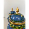 COPPIA VASO CLOISONNE CINESE BRONZO SMALTO DECORO FLOREALE BLU BASE LEGNO 16cm/h