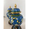 COPPIA VASO CLOISONNE CINESE BRONZO SMALTO DECORO FLOREALE BLU BASE LEGNO 16cm/h