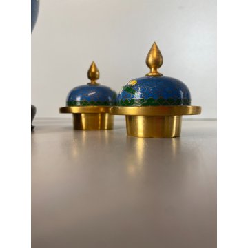 COPPIA VASO CLOISONNE CINESE BRONZO SMALTO DECORO FLOREALE BLU BASE LEGNO 16cm/h