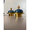 COPPIA VASO CLOISONNE CINESE BRONZO SMALTO DECORO FLOREALE BLU BASE LEGNO 16cm/h