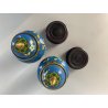 COPPIA VASO CLOISONNE CINESE BRONZO SMALTO DECORO FLOREALE BLU BASE LEGNO 16cm/h