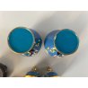 COPPIA VASO CLOISONNE CINESE BRONZO SMALTO DECORO FLOREALE BLU BASE LEGNO 16cm/h