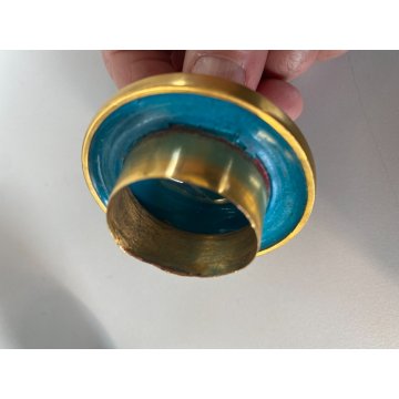 COPPIA VASO CLOISONNE CINESE BRONZO SMALTO DECORO FLOREALE BLU BASE LEGNO 16cm/h