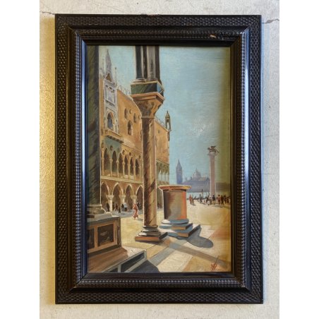 ANTICO QUADRO DIPINTO OLIO VEDUTA Piazza San Marco VENEZIA CORNICE GUILLOCHE