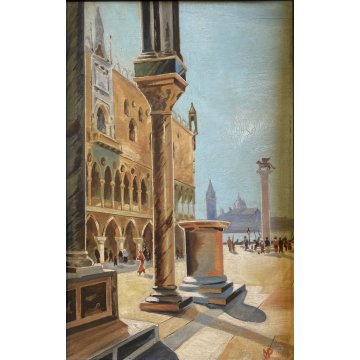 ANTICO QUADRO DIPINTO OLIO VEDUTA Piazza San Marco VENEZIA CORNICE GUILLOCHE